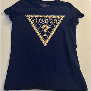 GUESS Women's Dark Blue Tee with Gold Graphic - 4008